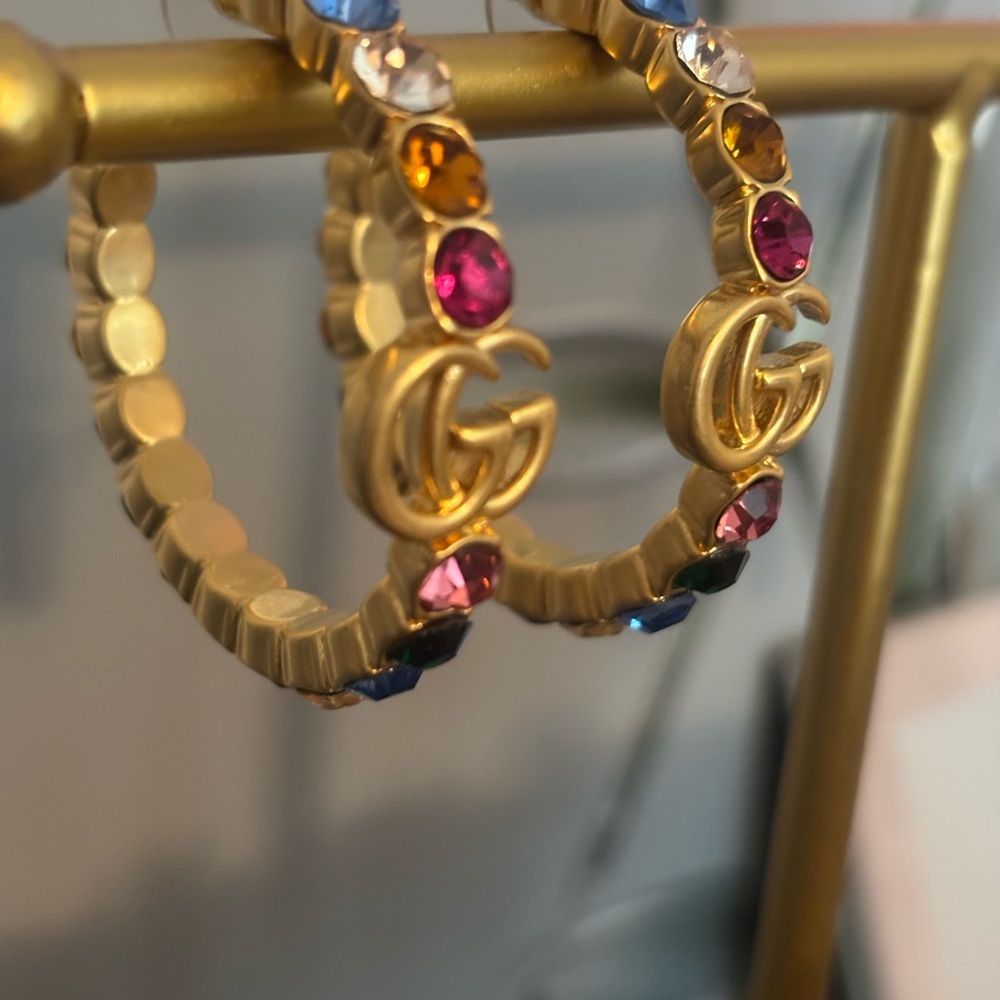 Gold and Pink Textured Hoop Earrings with Gemstones